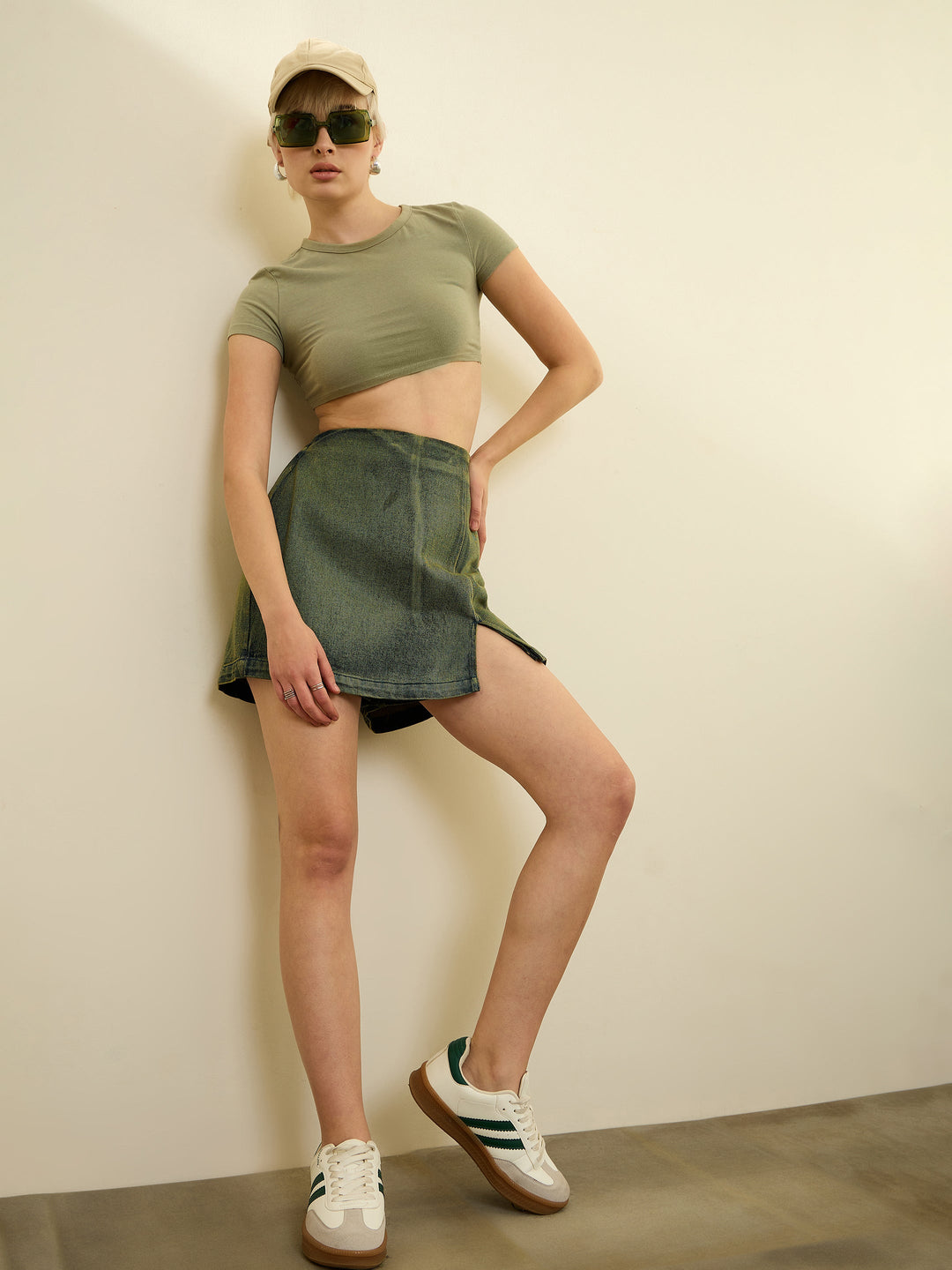 Women Green Overdyed Denim Front Slit Skorts