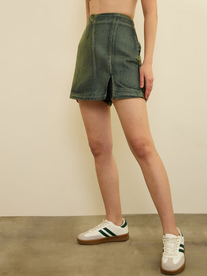 Women Green Overdyed Denim Front Slit Skorts