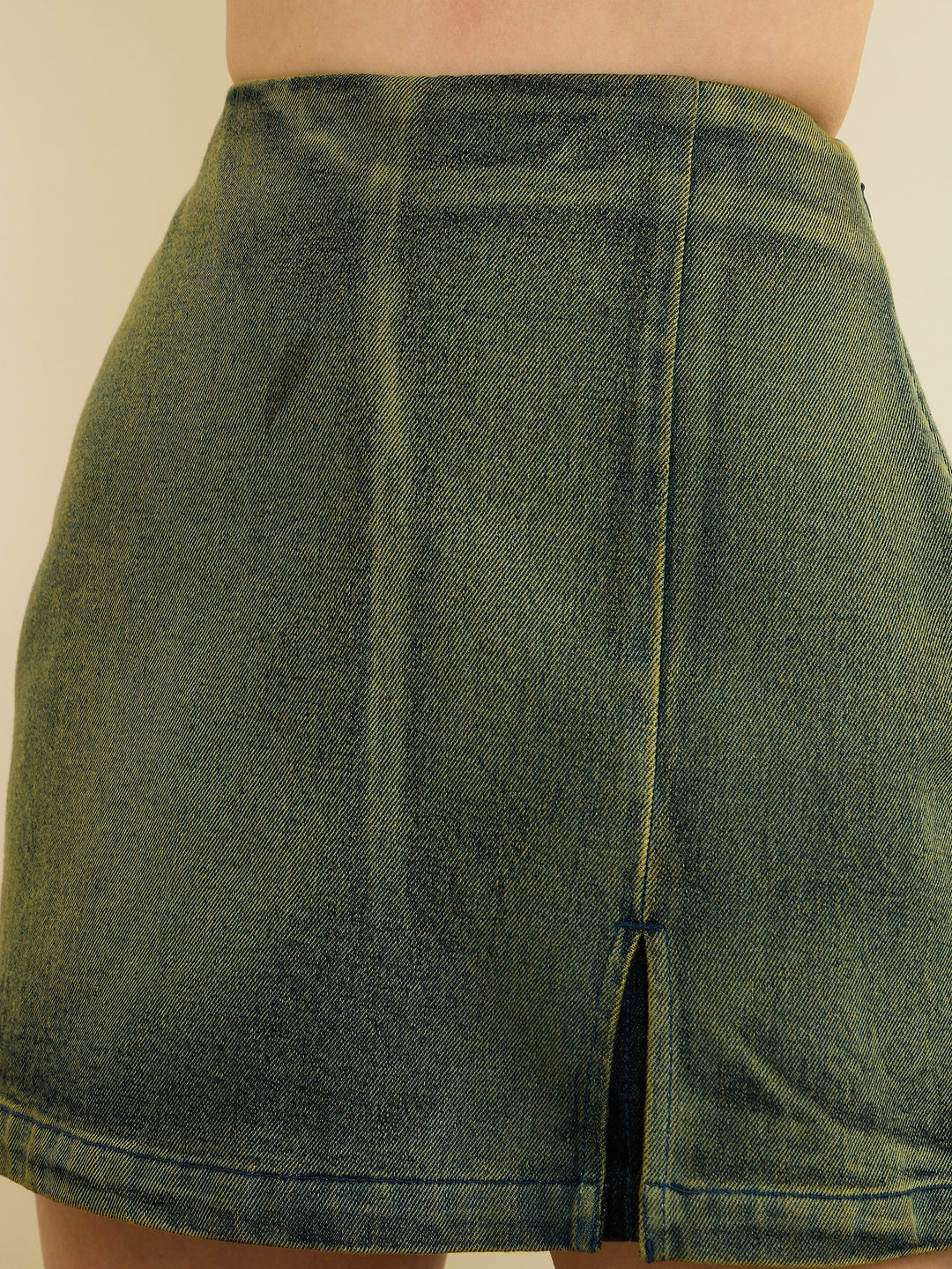Women Green Overdyed Denim Front Slit Skorts
