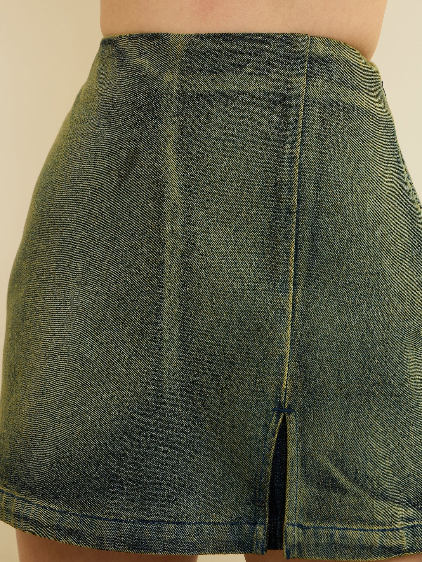 Women Green Overdyed Denim Front Slit Skorts