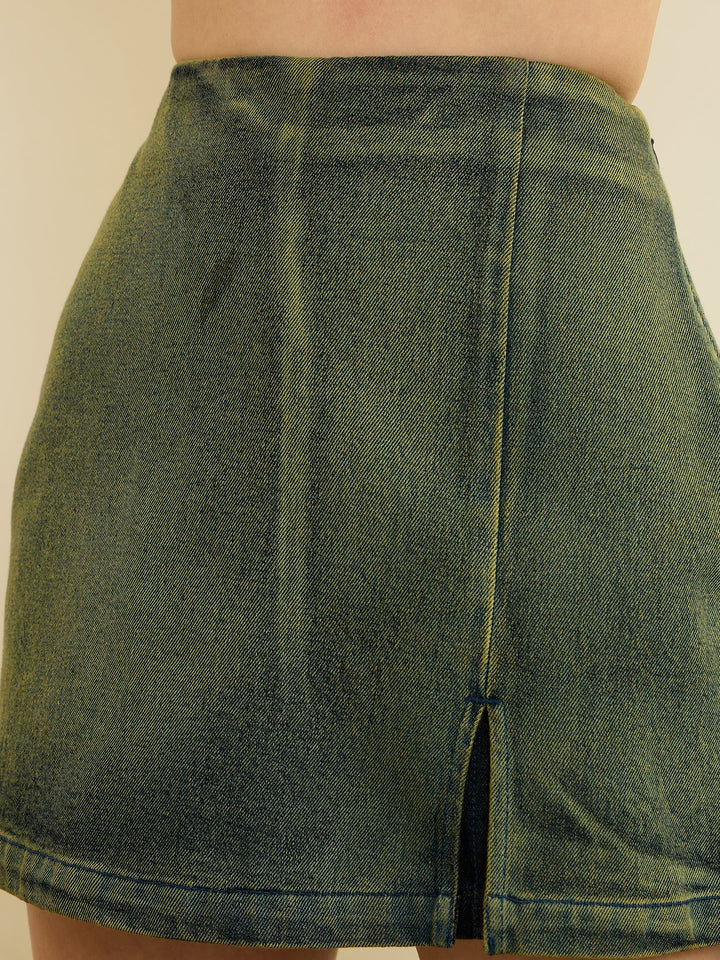 Women Green Overdyed Denim Front Slit Skorts
