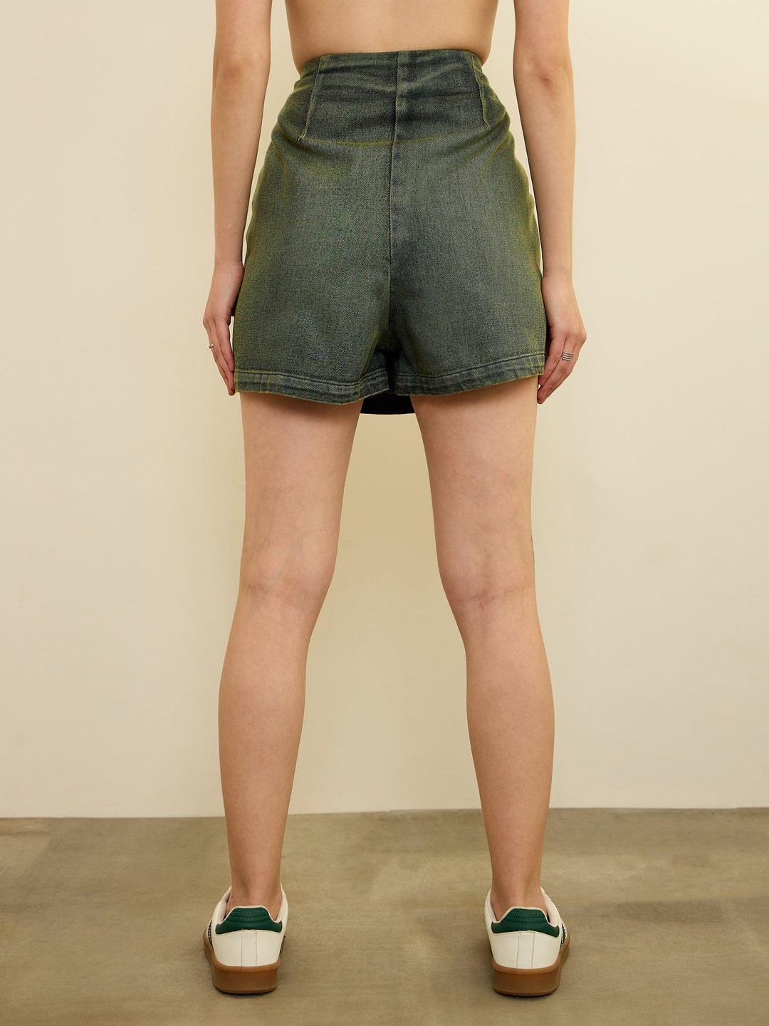 Women Green Overdyed Denim Front Slit Skorts