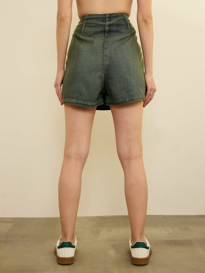 Women Green Overdyed Denim Front Slit Skorts