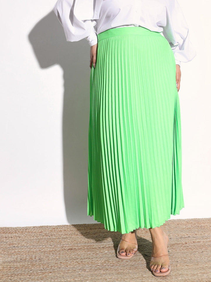 Women Neon Green Accordion Pleated Skirt