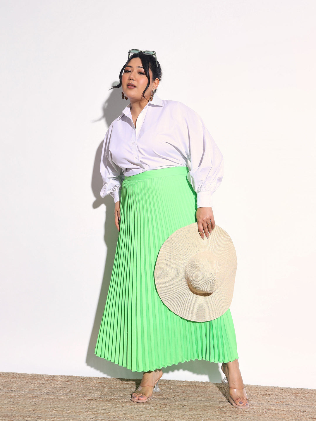 Women Neon Green Accordion Pleated Skirt