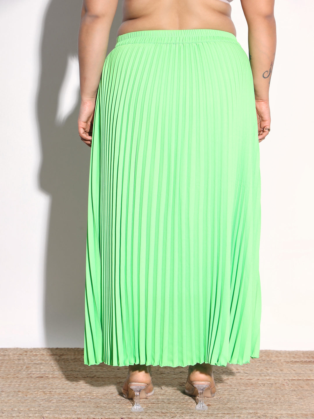 Women Neon Green Accordion Pleated Skirt