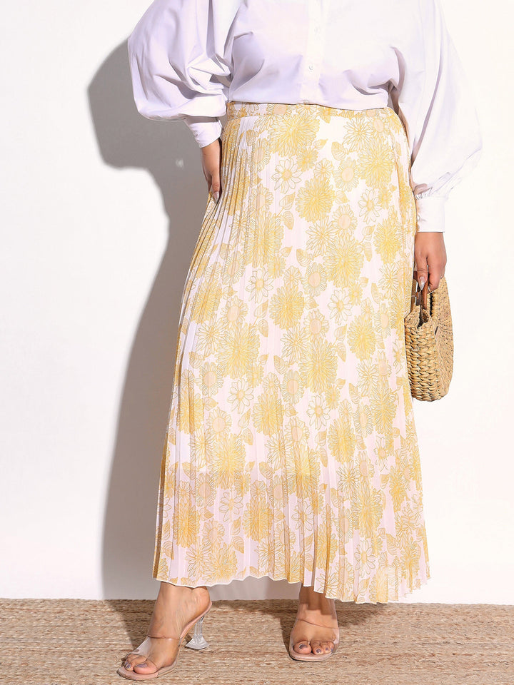 Women Yellow Floral Accordion Pleated Skirt