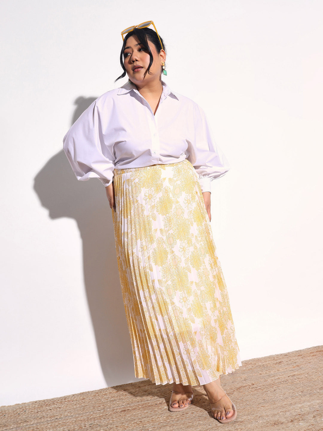 Women Yellow Floral Accordion Pleated Skirt