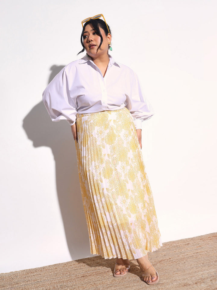 Women Yellow Floral Accordion Pleated Skirt