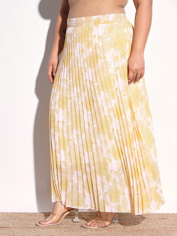 Women Yellow Floral Accordion Pleated Skirt
