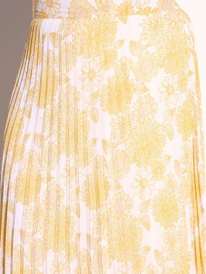 Women Yellow Floral Accordion Pleated Skirt