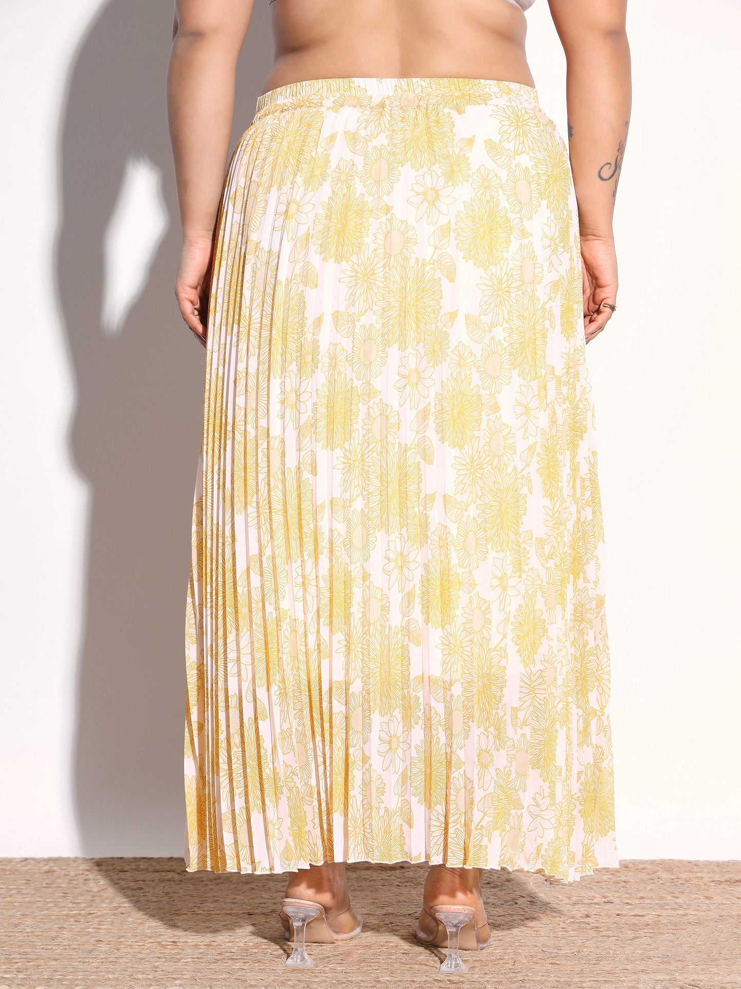 Women Yellow Floral Accordion Pleated Skirt