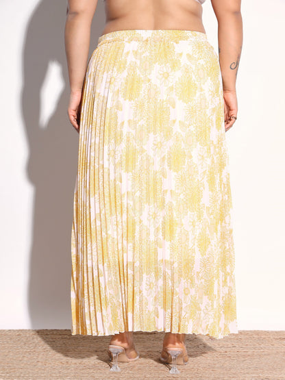 Women Yellow Floral Accordion Pleated Skirt