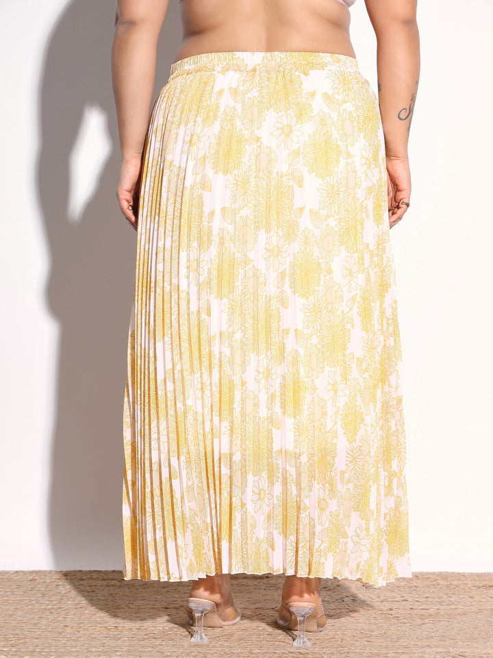 Women Yellow Floral Accordion Pleated Skirt