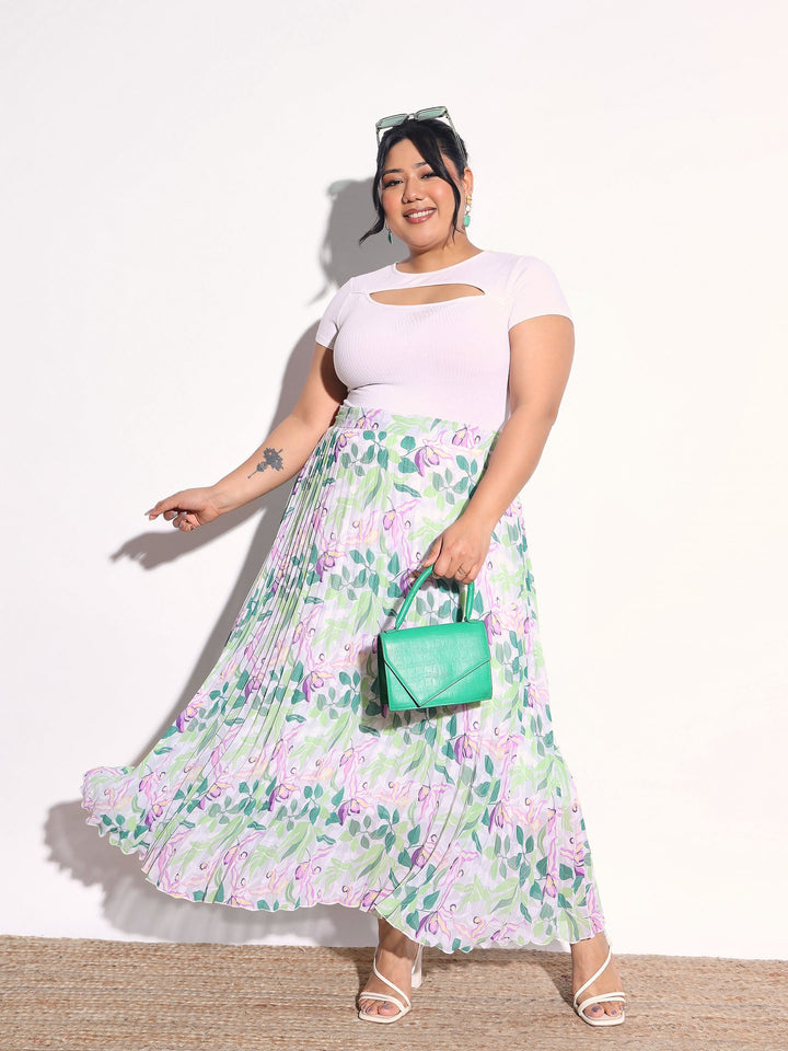 Women White &amp; Green Floral Accordion Pleated Skirt