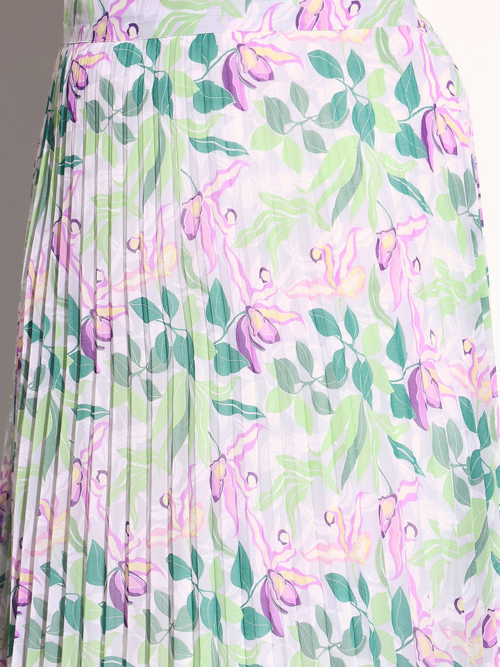 Women White &amp; Green Floral Accordion Pleated Skirt