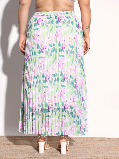 Women White & Green Floral Accordion Pleated Skirt