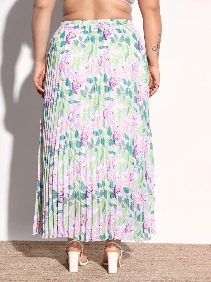 Women White &amp; Green Floral Accordion Pleated Skirt