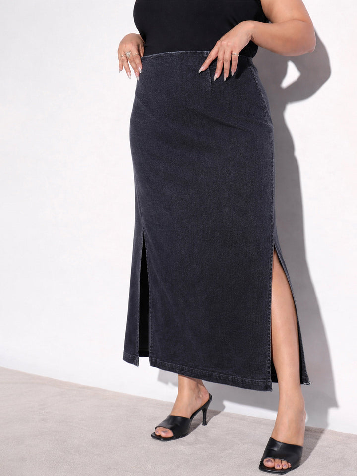 Women Black Washed Denim Side Slit Midi Skirt
