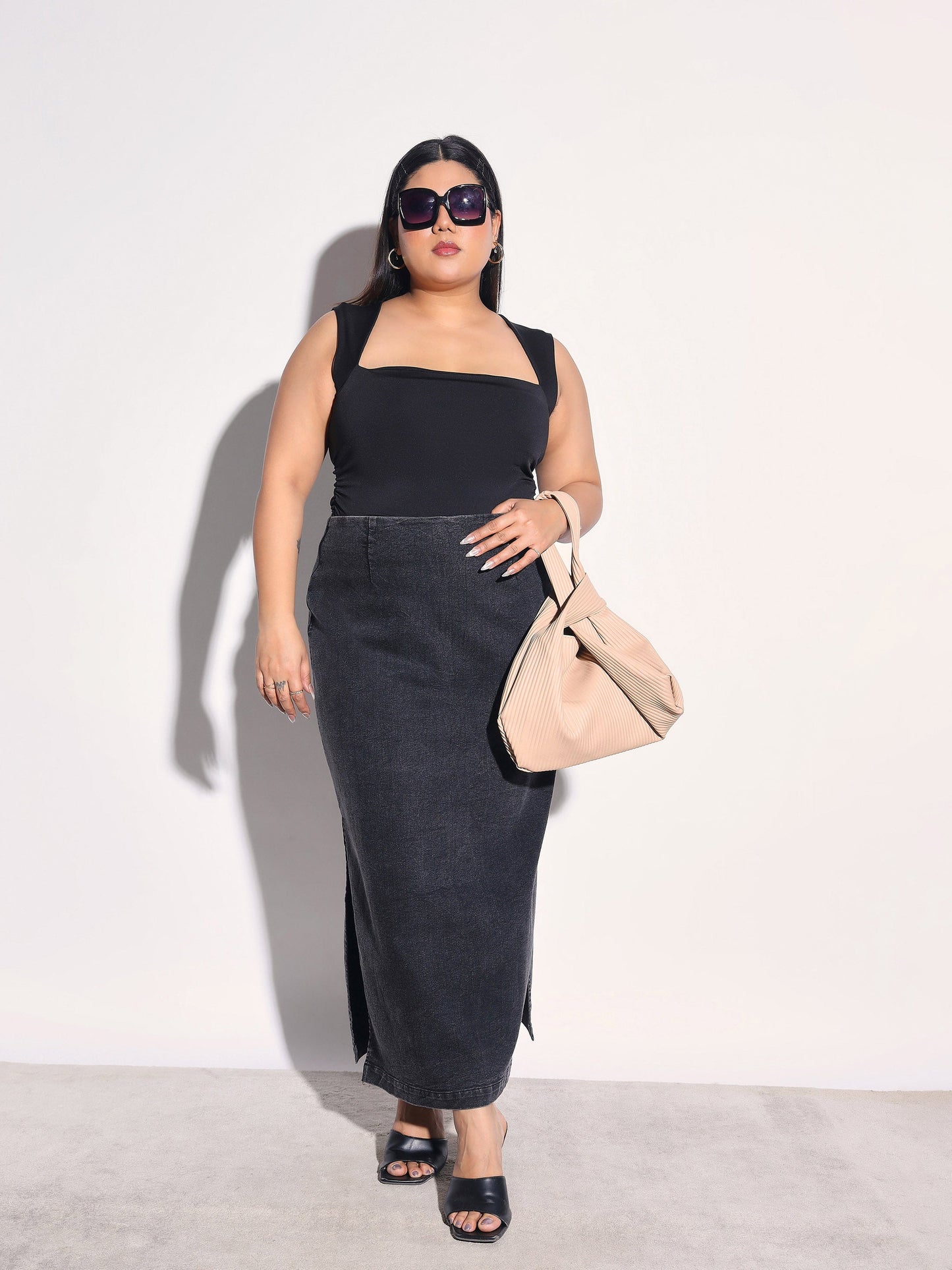 Women Black Washed Denim Side Slit Midi Skirt