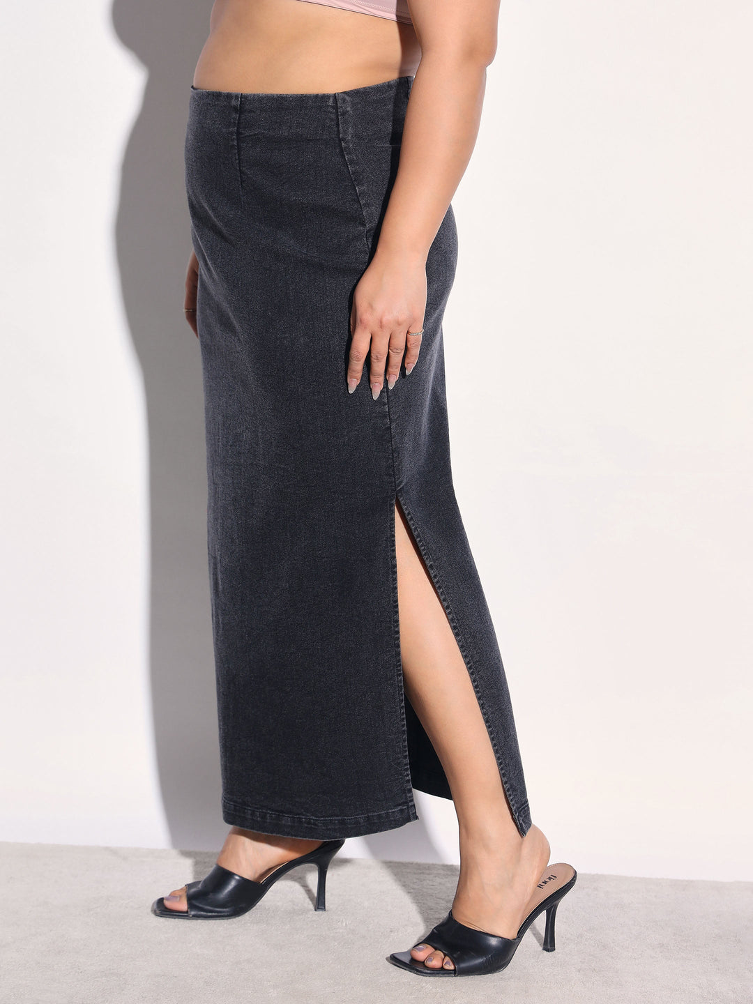 Women Black Washed Denim Side Slit Midi Skirt