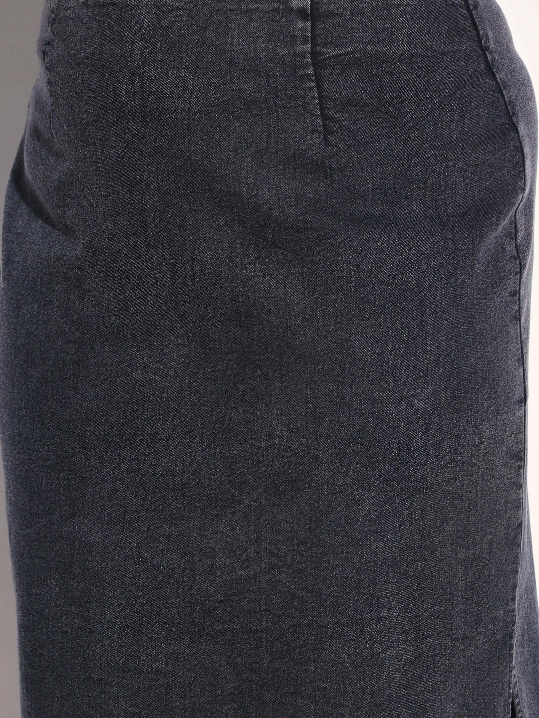 Women Black Washed Denim Side Slit Midi Skirt