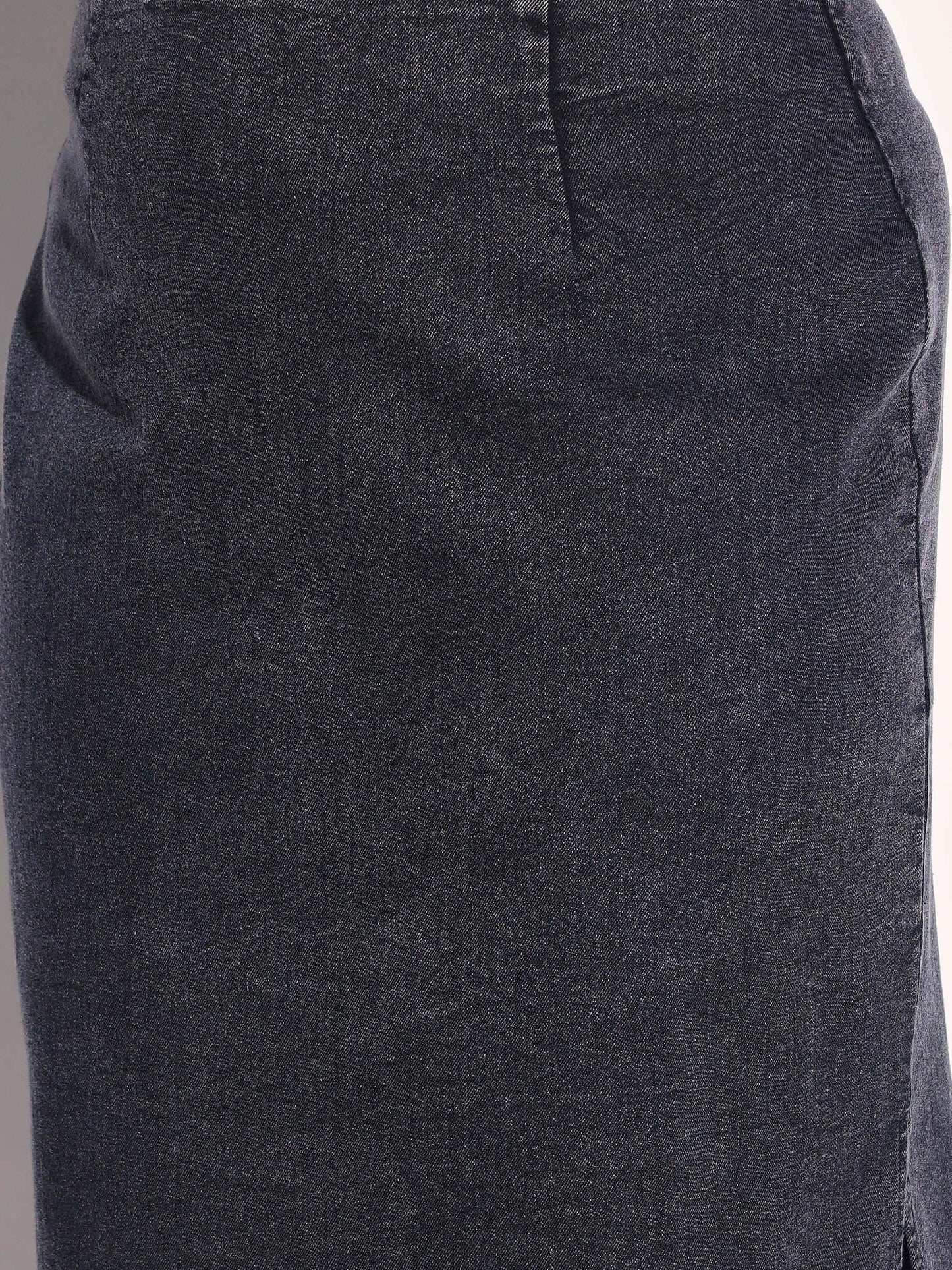 Women Black Washed Denim Side Slit Midi Skirt