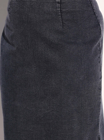Women Black Washed Denim Side Slit Midi Skirt