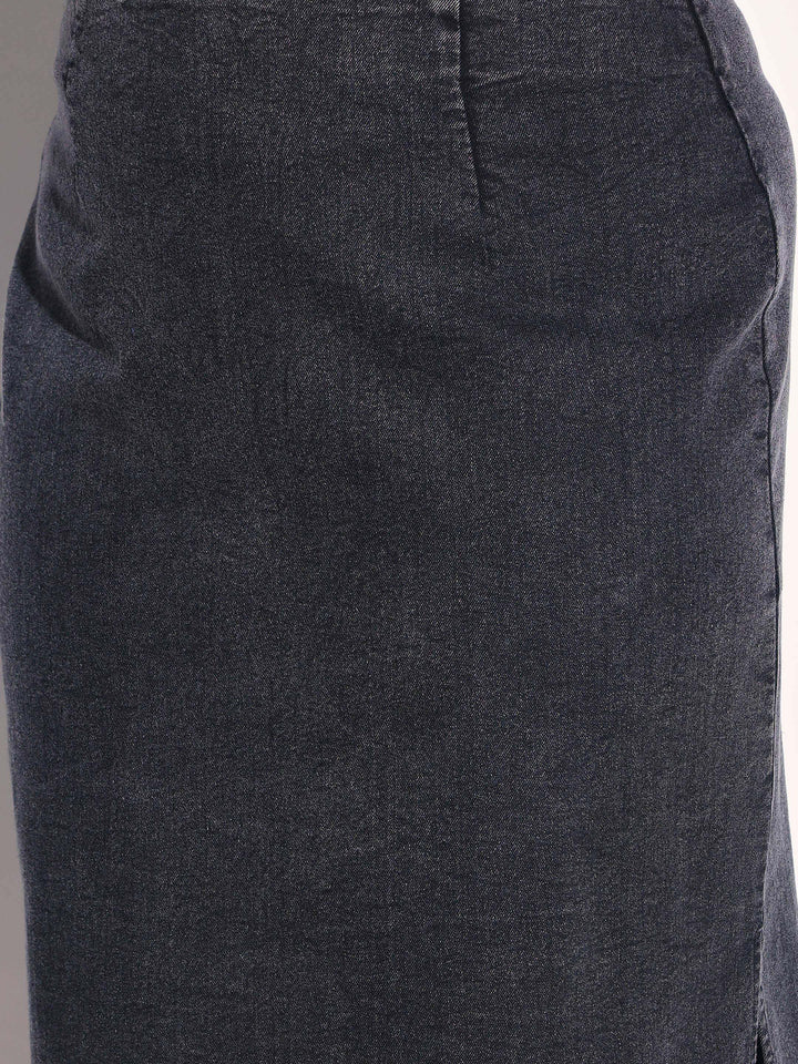 Women Black Washed Denim Side Slit Midi Skirt