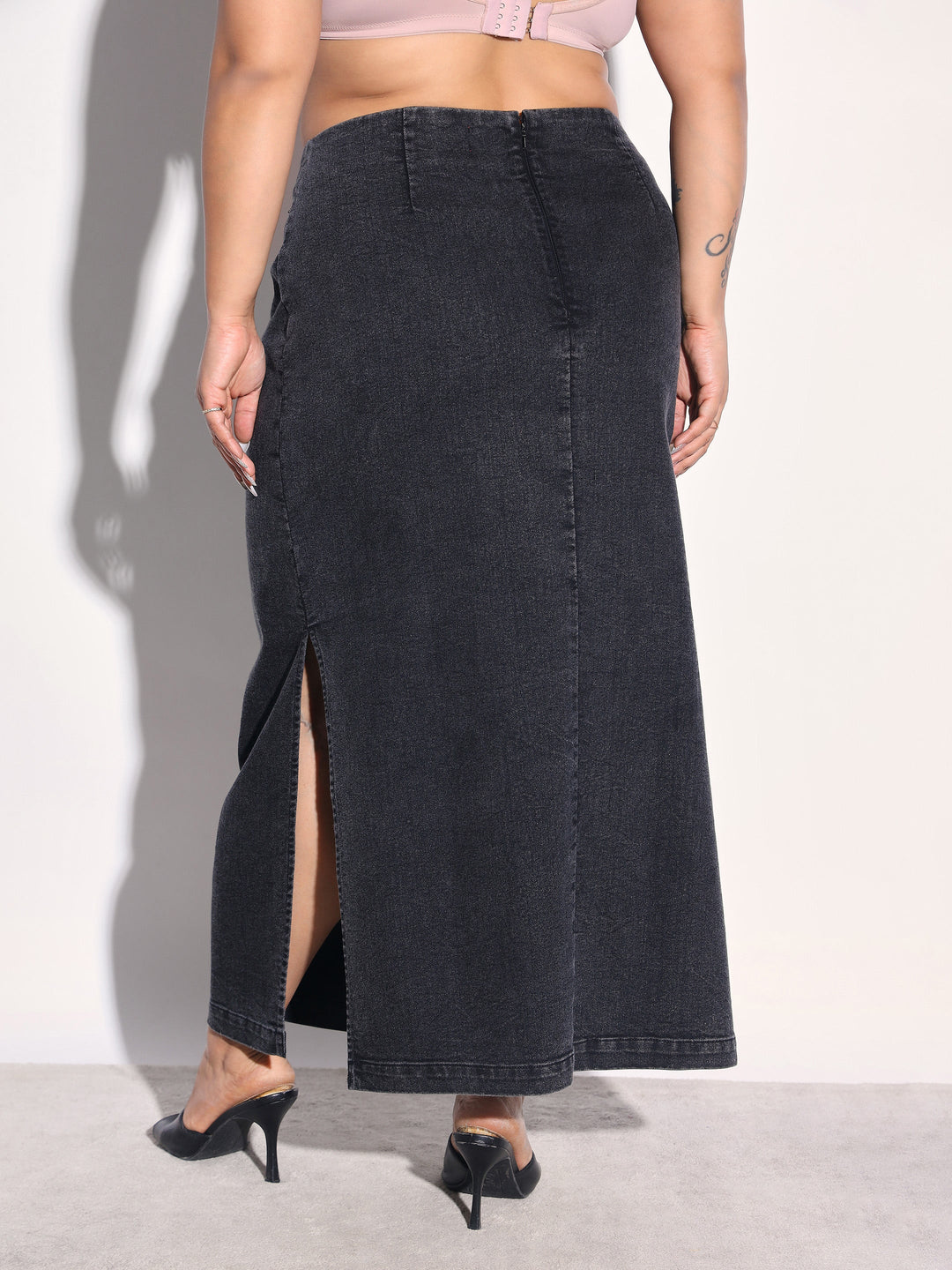 Women Black Washed Denim Side Slit Midi Skirt