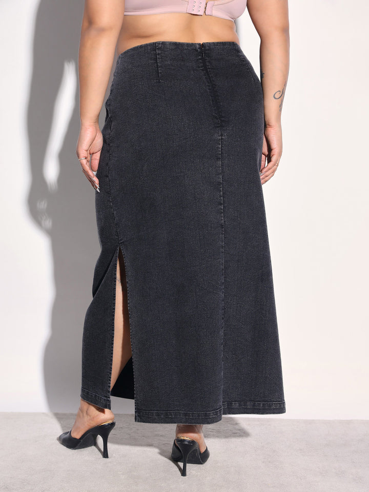 Women Black Washed Denim Side Slit Midi Skirt