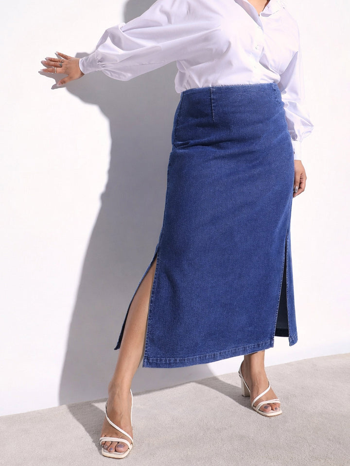 Women Navy Denim Side Slit Midi Skirt