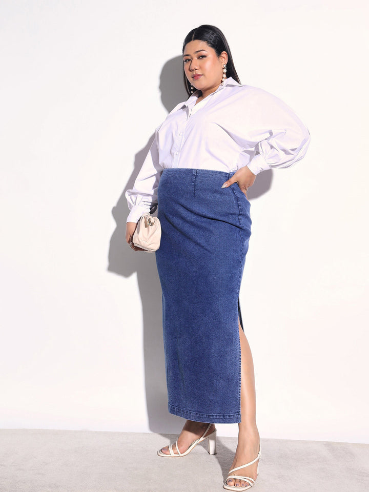 Women Navy Denim Side Slit Midi Skirt