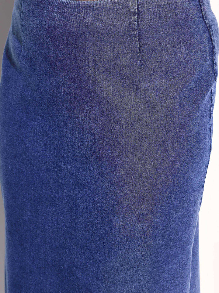 Women Navy Denim Side Slit Midi Skirt