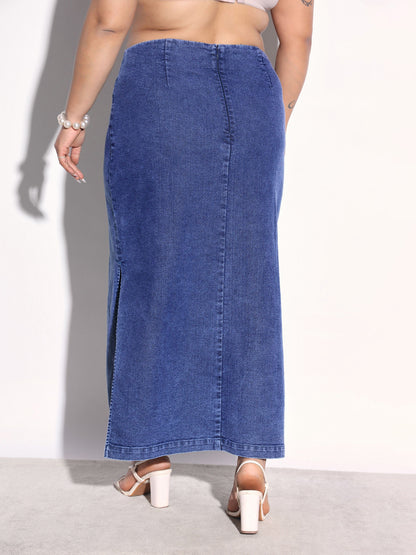 Women Navy Denim Side Slit Midi Skirt