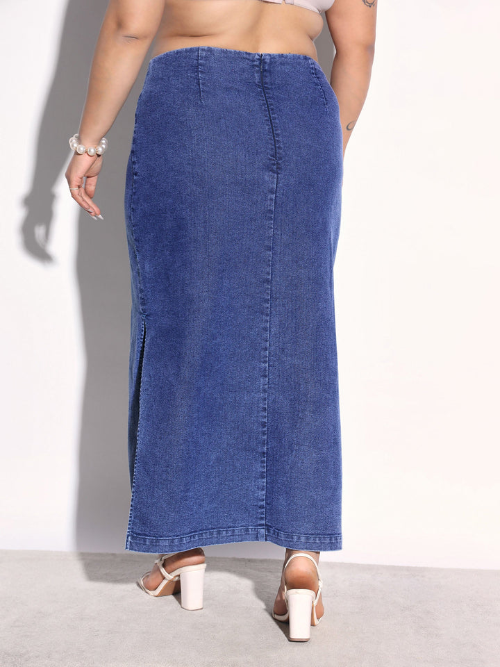 Women Navy Denim Side Slit Midi Skirt