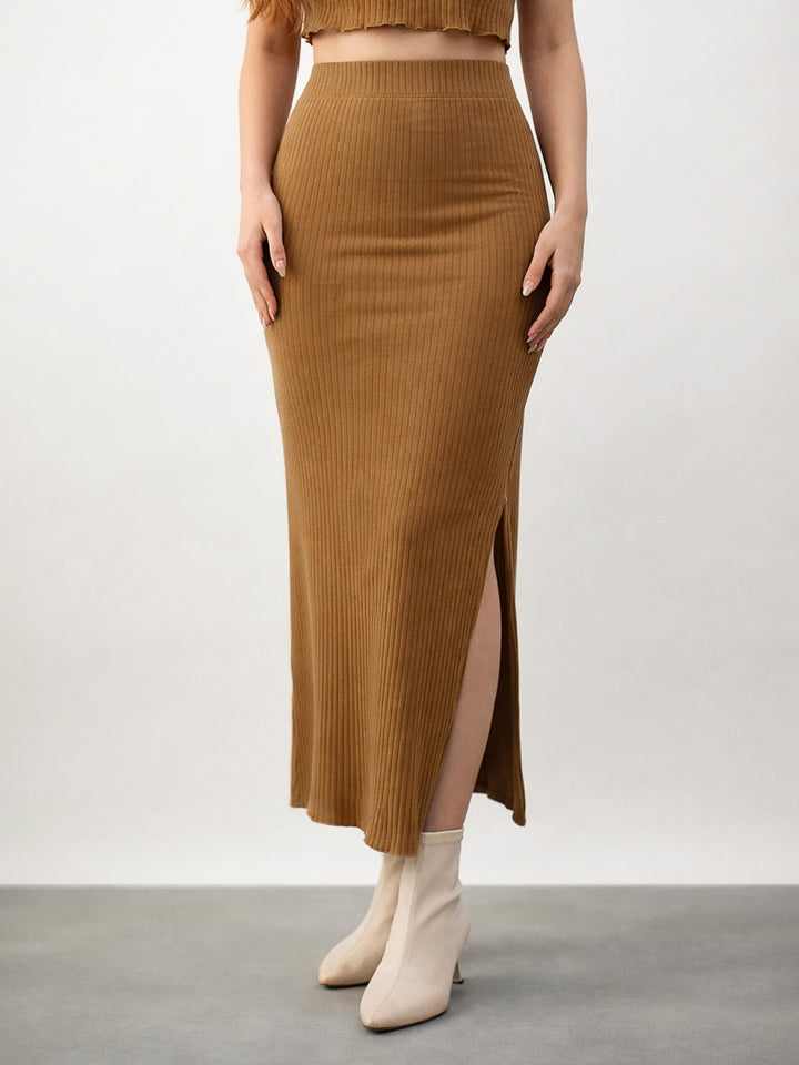 Women Tan Side Slit Rib Pencil Skirt