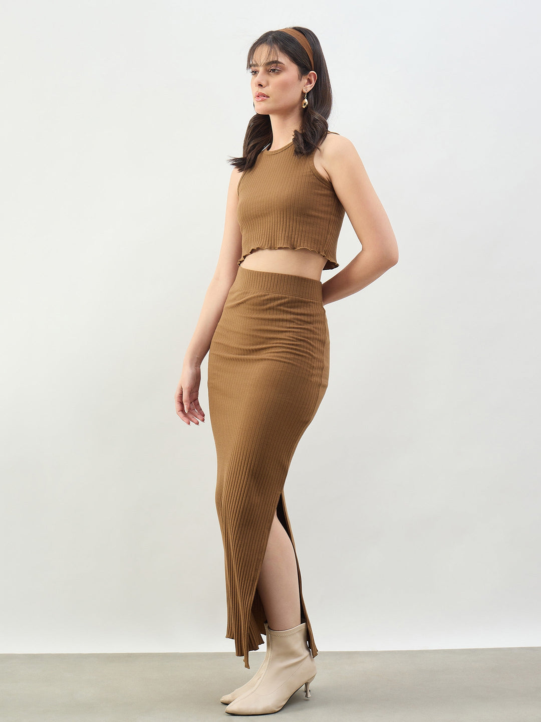 Women Tan Side Slit Rib Pencil Skirt