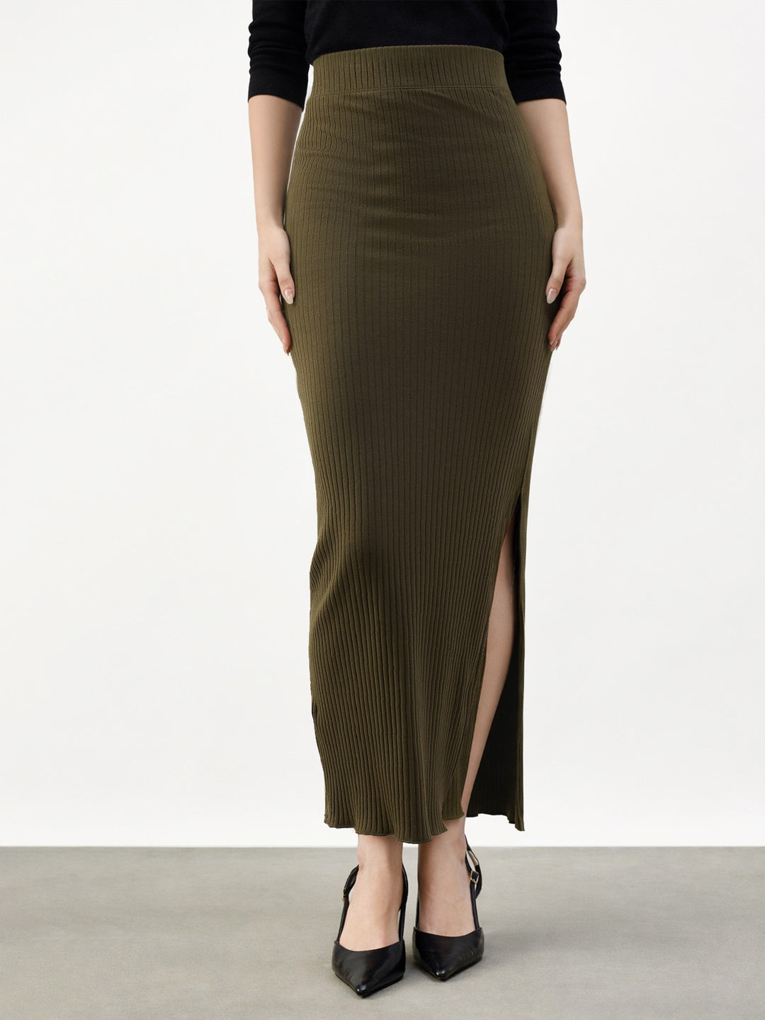 Women Olive Side Slit Rib Pencil Skirt
