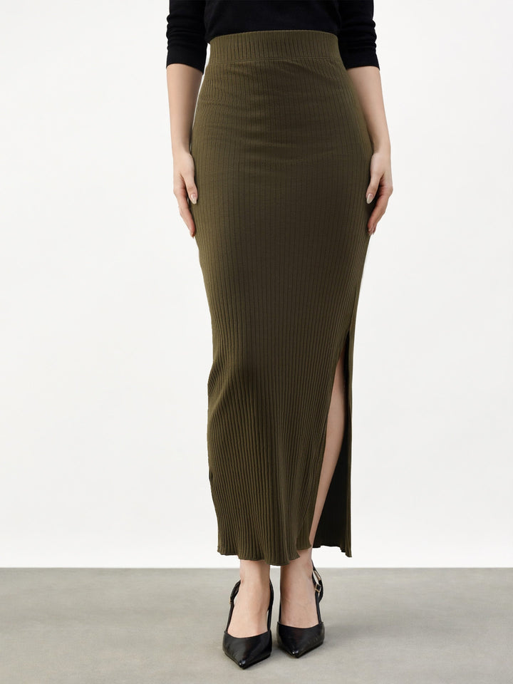 Women Olive Side Slit Rib Pencil Skirt