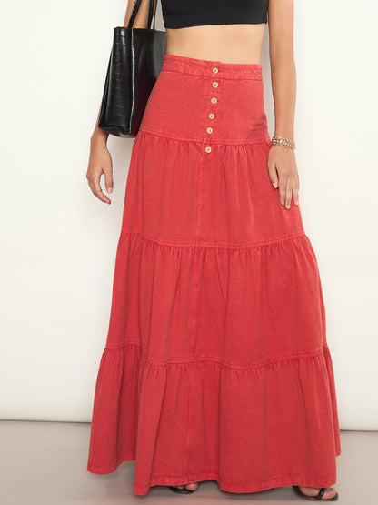 Women Red Overdyed Twill Tiered Maxi Skirt