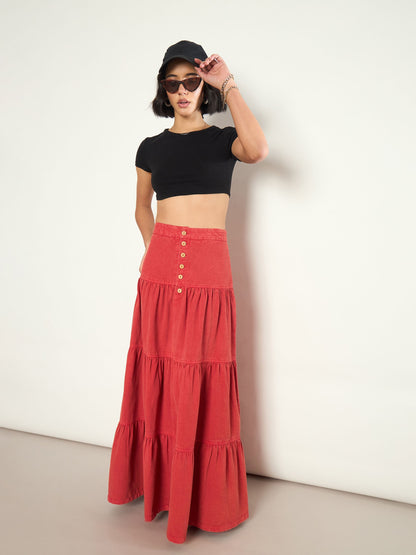 Women Red Overdyed Twill Tiered Maxi Skirt