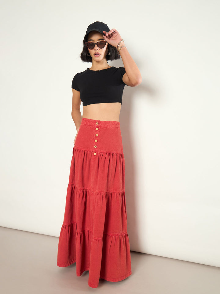 Women Red Overdyed Twill Tiered Maxi Skirt