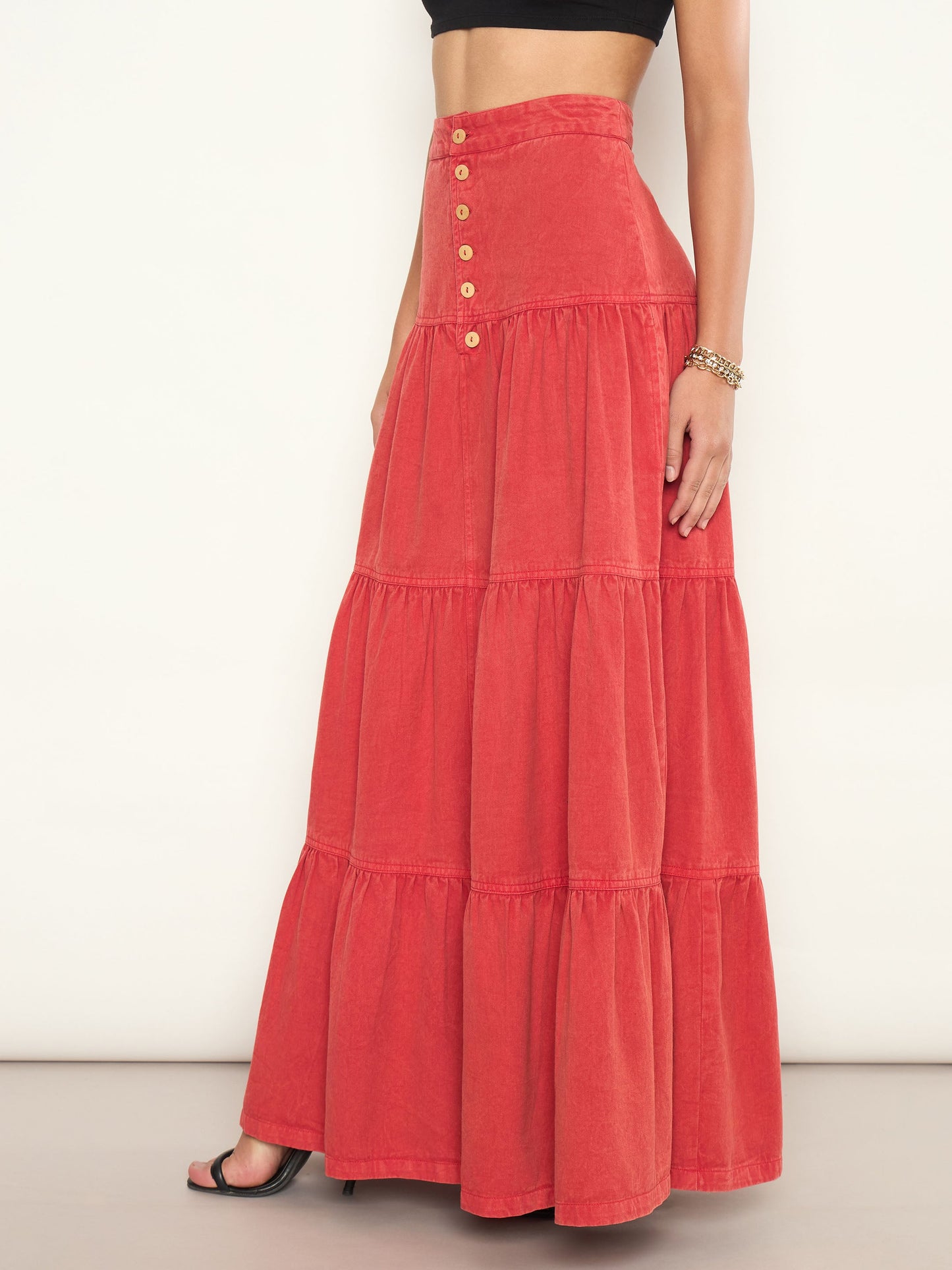 Women Red Overdyed Twill Tiered Maxi Skirt