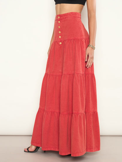 Women Red Overdyed Twill Tiered Maxi Skirt