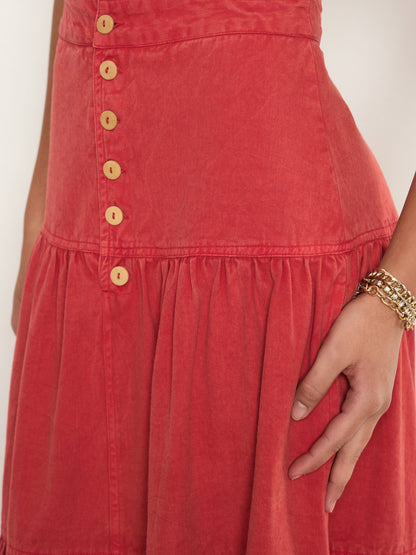 Women Red Overdyed Twill Tiered Maxi Skirt