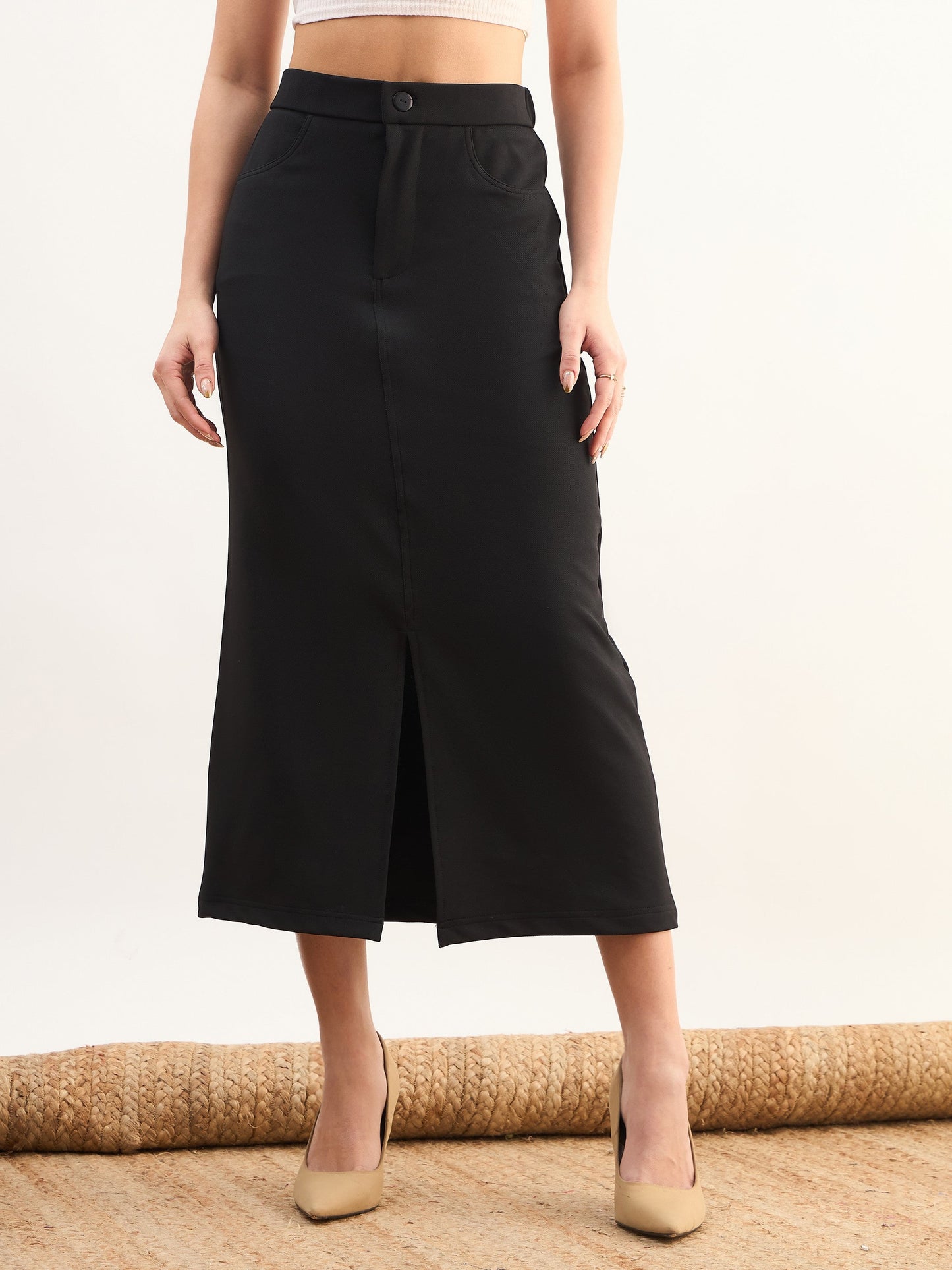 Women Black Front Slit Midi A Line Skirt