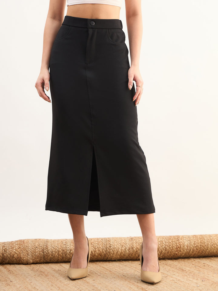 Women Black Front Slit Midi A Line Skirt