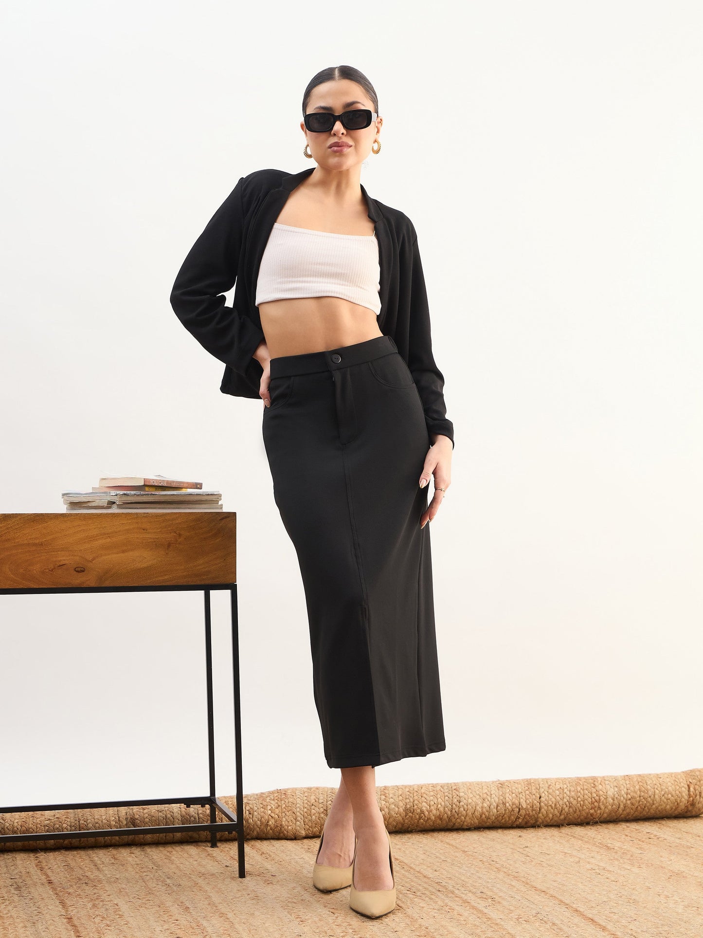 Women Black Front Slit Midi A Line Skirt