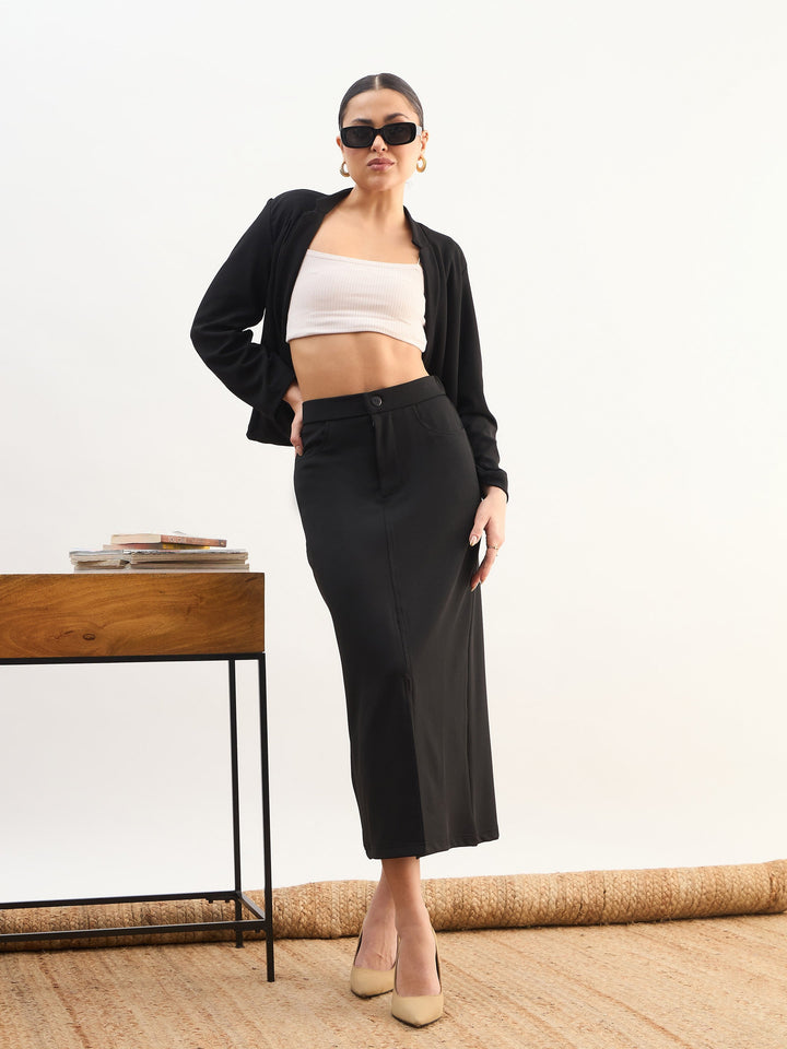 Women Black Front Slit Midi A Line Skirt